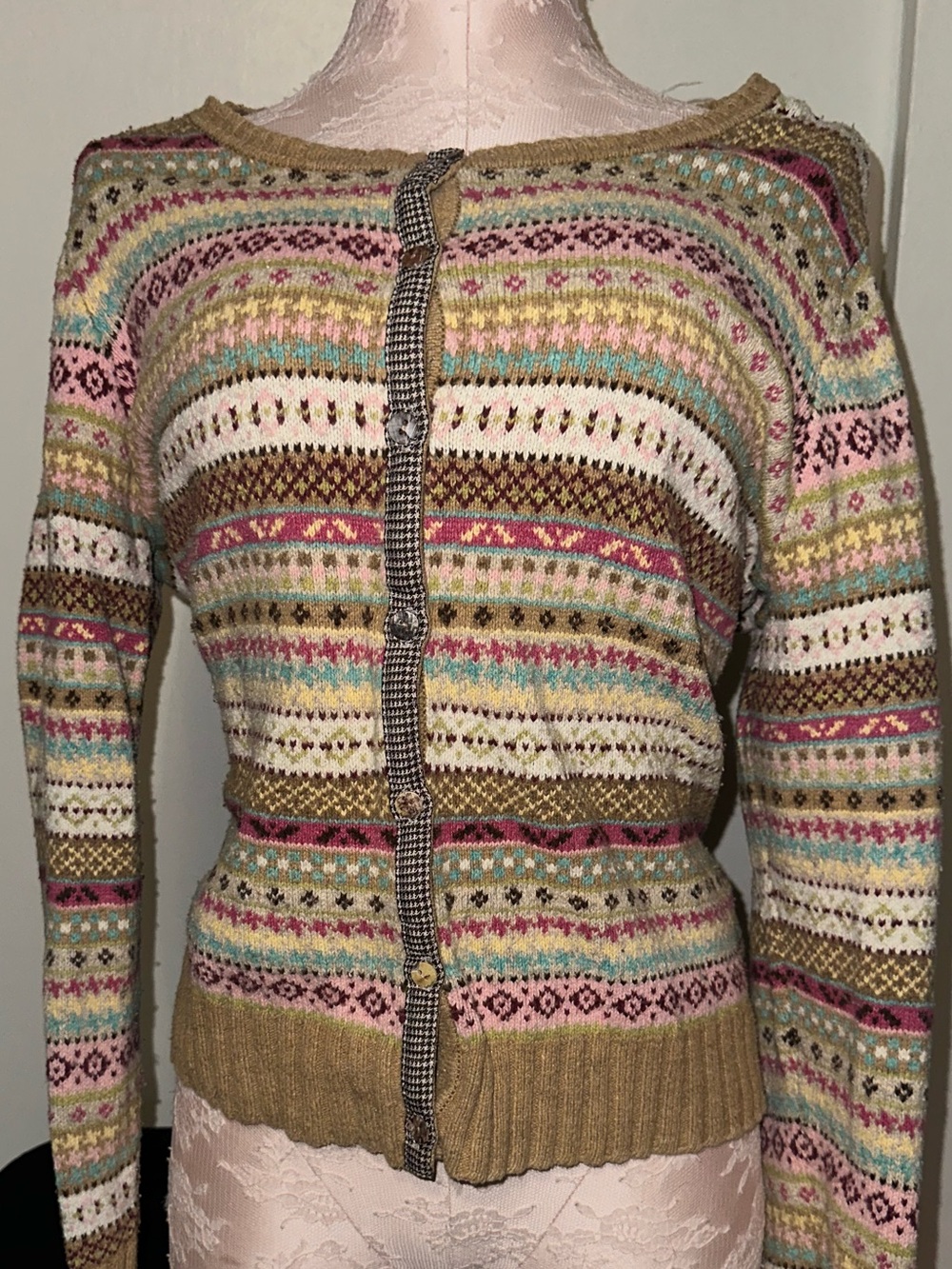 villager Multicolor Fair Isle Button-Front Cardigan - Beige Pink Green Blue